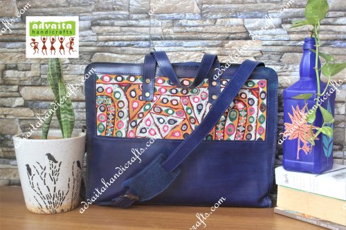 Advaita Handicrafts Hand Embroidered Leather Bag, Color : Blue