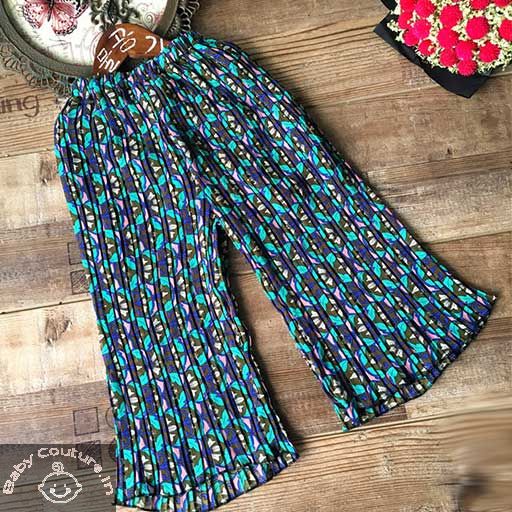 Blue Pleated Floral Palazzo Pants, Occasion : Party/Casual