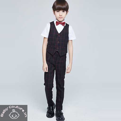 Cotton Satin; Boy Checkered Suit Set, Color : Black