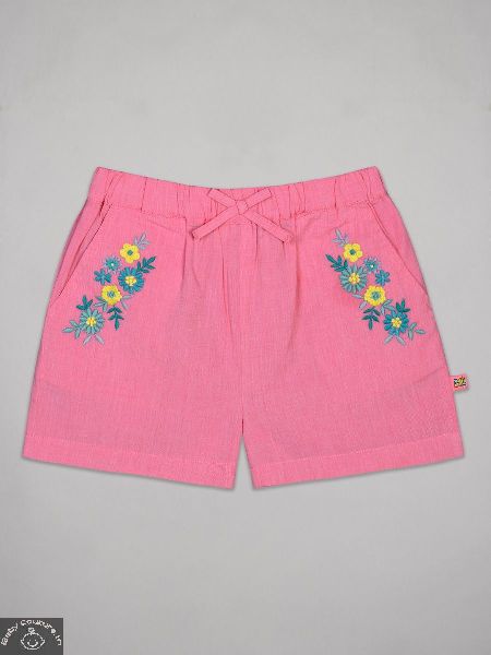 Cotton Embroidered Girls Shorts, Color : Pink