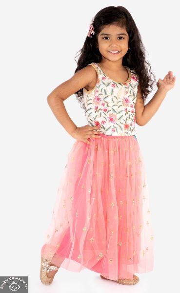 Embroidered Girls Top With Sequined Skirt, Color : Off White, Pink