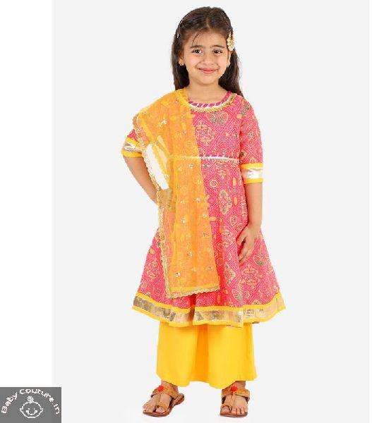 Lil Peacock Girls Anarkali Set, Color : Yellow, Pink