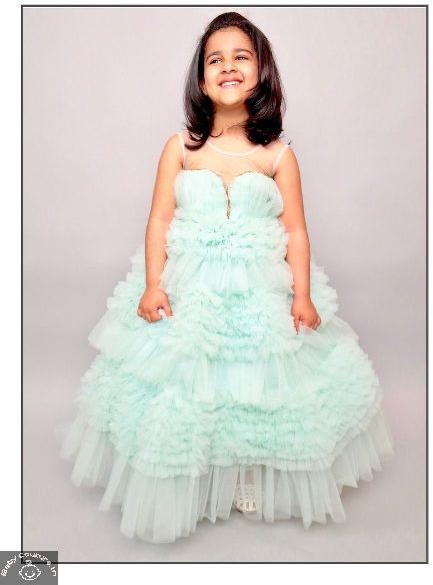 Butterfly net Handwork Girls Frilled Party Dress, Color : Aqua Green