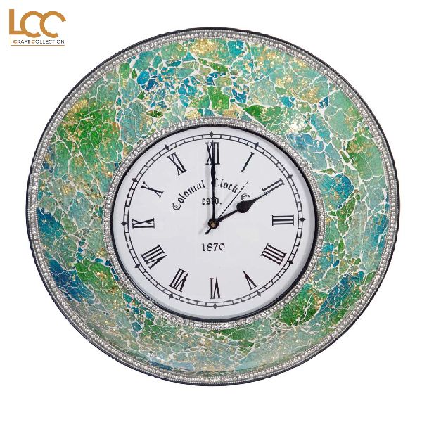 Green Mosaic Crackle Wall Clock, for Home, Office, Decoration, Display Type : Analog