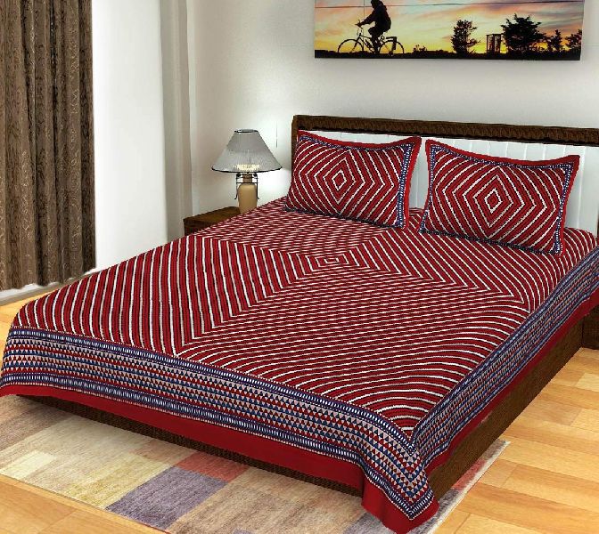 Jaipuri striped Print Cotton 2 Pillow Covers Double Bed Sheet