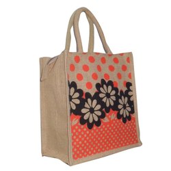 TWO COLOUR PRINTED JUTE LUNCH BAG, for Daily Use, Shopping, OFFICE, COLLEGE, Feature : Biodegradable