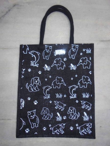 BLACK DYED JUTE BAG WITH WHITE PRINT