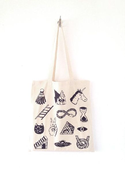 TOTE COTTON BAG WITH BLACK PRINTS, for College, Office, School, Size : Multisizes
