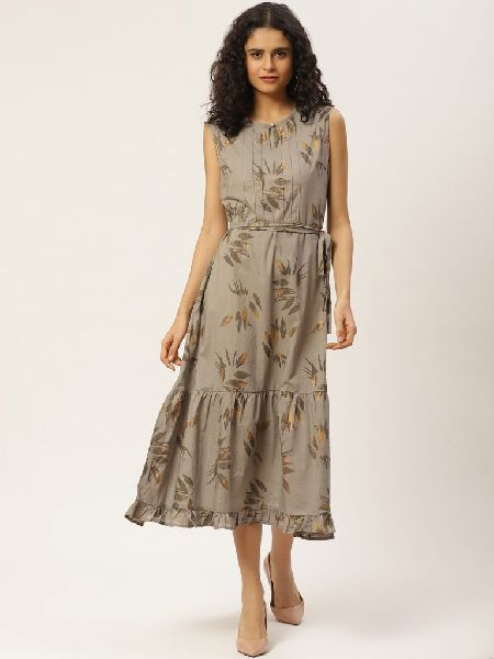 Printed Cotton Dress with Belt, Technics : Attractive Pattern