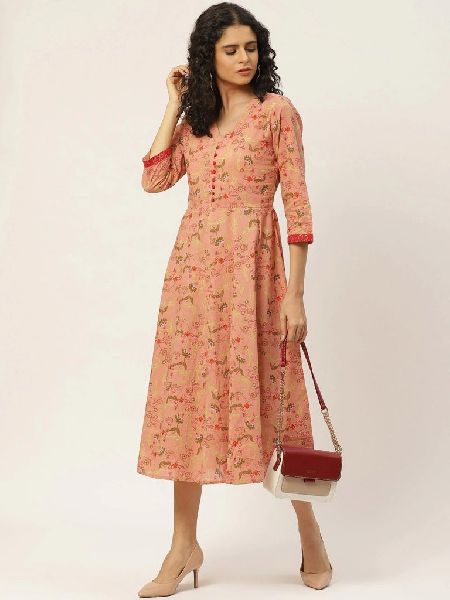 Printed Cotton Dress with Button, Occasion : Casual Wear