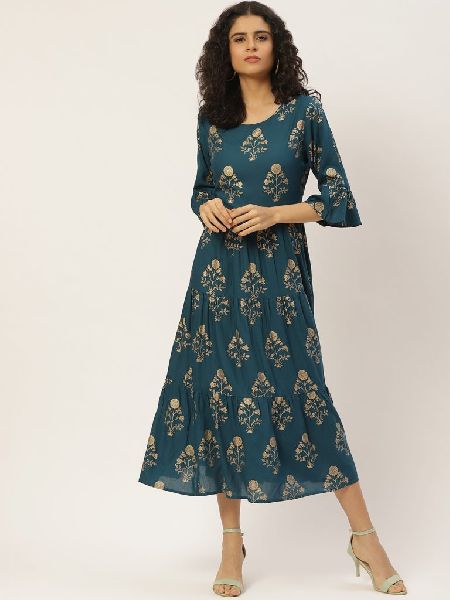 Printed Rayon Flared Dress, Sleeve Style : 3/4th Sleeves