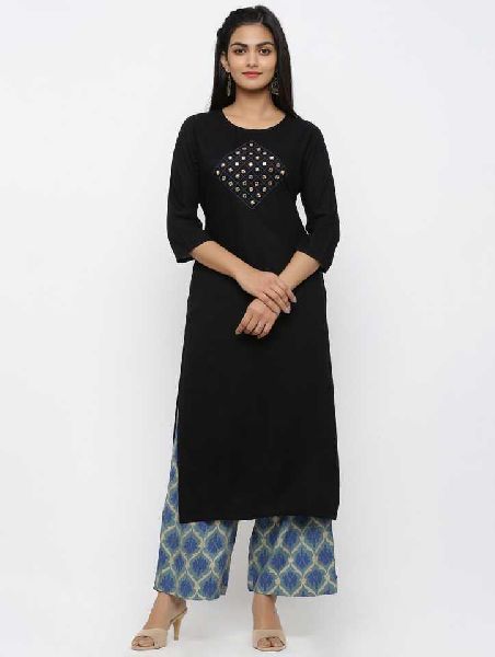 Womens Rayon Black Embroided Round Neck Ethnic Set