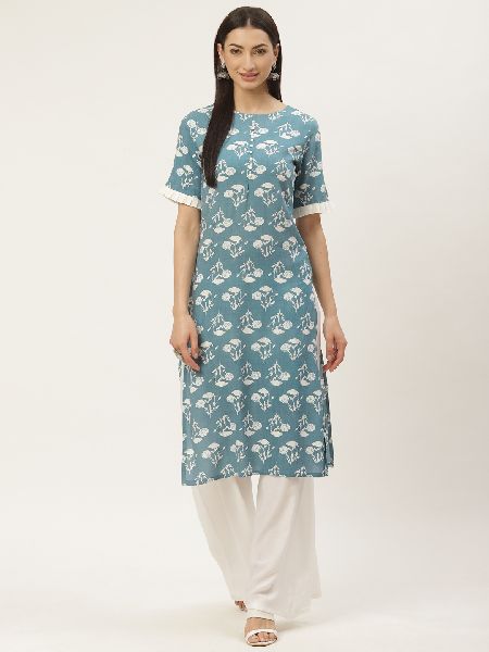 Womens Rayon Printed Boat Neck with Potli Button Ethnic Set