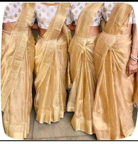 OFF WHITE and LIGHT BROWN FLORALS LINEN Saree with FANCY