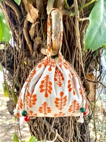Orange Wildflower Cotton Potli Handbag, for Advertising, Gift, Grocery, Pramotion, Shopping, Size : Multisizes