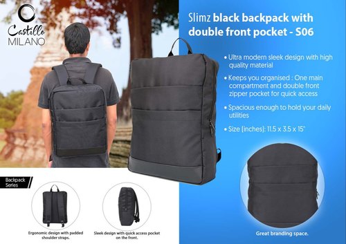 Slimz Black Backpack with Double Front Pocket