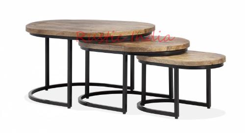 Round Iron & Wooden Coffee Table Set
