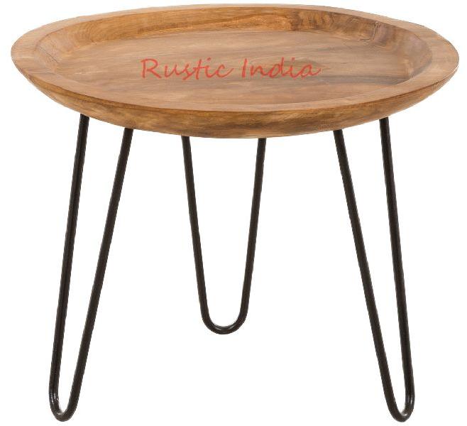 Round Iron & Wooden Side Table, Size : 50x50x45 cms