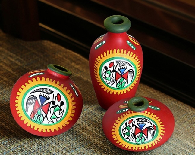 Warli Painted Clay Home Decoration Pots set of 3