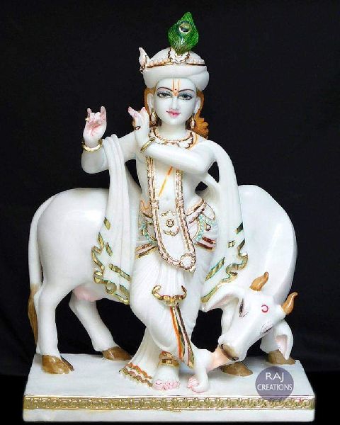 Marble Krishna Statue with Cow, for Worship, Temple, Office, Packaging Type : Thermocol Box