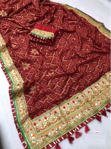 Bandhani Wedding Saree, for Dry Cleaning, Packaging Type : Packet, Poly Bag