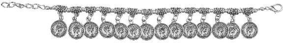 Indian Boho Vintage Gypsy Tribal Oxidized Silver Coin Charm Chain Bracelet Gift Jewelry