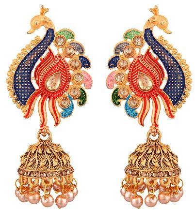 Indian Jewelry Bollywood Antique Gold Tone Faux Pearl Crystal Kundan Peacock Dangle Jhumka Earrings
