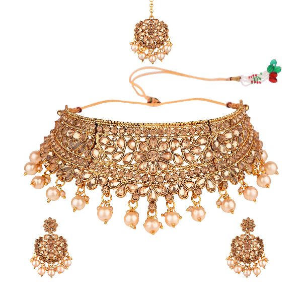 Crystal Kundan Choker Maang Tikka Necklace Set