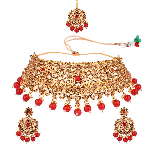 Crystal Kundan Choker Maang Tikka Necklace Set