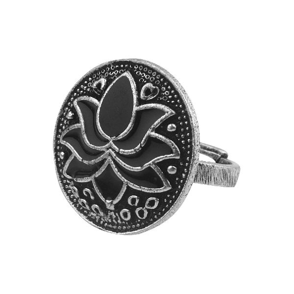 Boho Vintage Gypsy Oxidized Silver Meenakari Lotus Ring