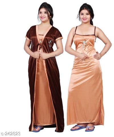  Embroidered Satin Night Gown, Size : Free Size