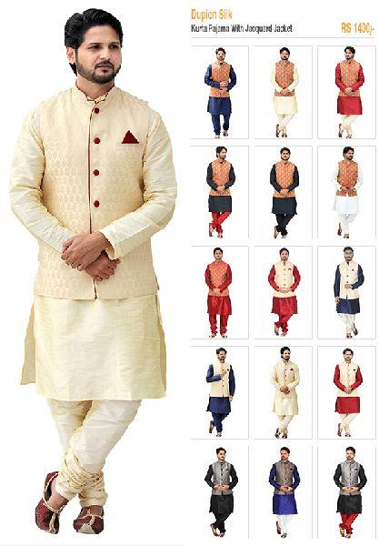 Kurta Pajama With Jacquard Jacket, Size : L, S, XL, XXL, XXXL