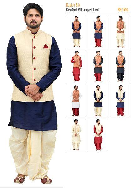 Silk Kurta Dhoti With Jacquard Jacket, Size : M, XL, XXL, XXXL