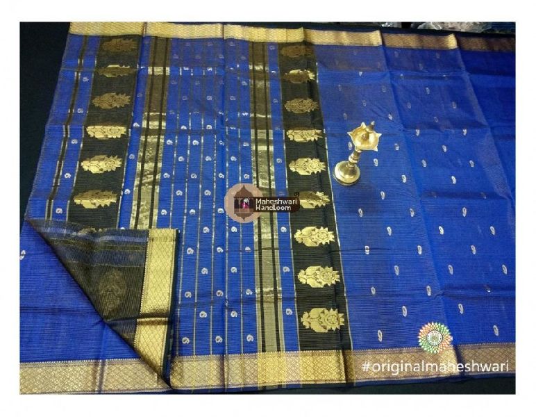 Maheshwari Royal blue Tissue Buta Pallu Weaving Saree