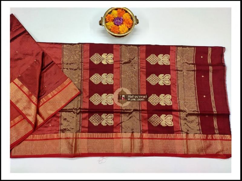 Maheshwari  Rust orange Pure Silk Saree With Buta Buti Weaving