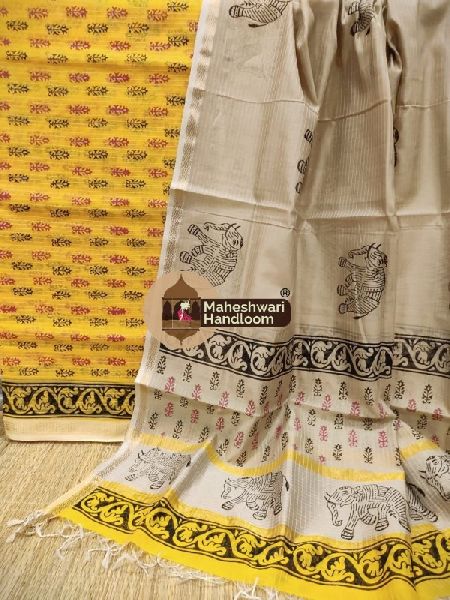 Silk Printed Maheshwari Yellow-Tussar Handblock Suit, for Making Ladies Garments