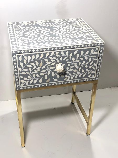 Square Bone Inlay Side Table with Drawer, Feature : Durable, Fine Finished