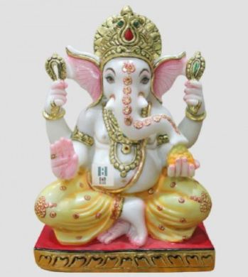 Colorful Marble Ganesh Statue In Pure White Marble