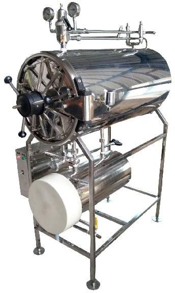 Round Stainless Steel Horizontal Cylindrical Steam Sterilizer, for Laboratory Use, Voltage : 220V