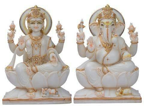 Marble Laxmi Ganesh Statue, for Worship, Temple, Interior Decor, Home, Gifting, Packaging Type : Thermocol Box