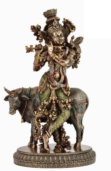 Copper Krishna with Cow Statue, for Religious Purpose, Packaging Type : Thermocol Box