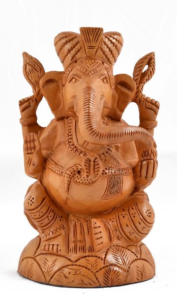 Polished Wooden Pagdi Ganesha Statue, for Office, Home, Gifting, Garden, Religious Purpose, Pattern : Carved