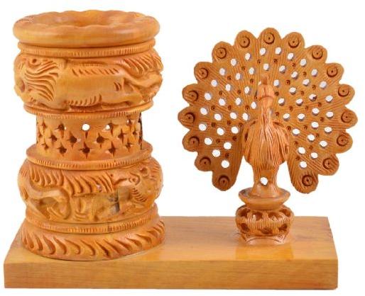 Wooden Peacock Pen Stand