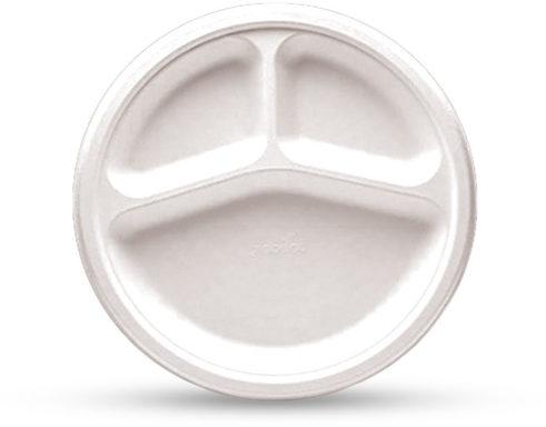 3 Compartment Round Bagasse Plate, Size : 9-10 Inch