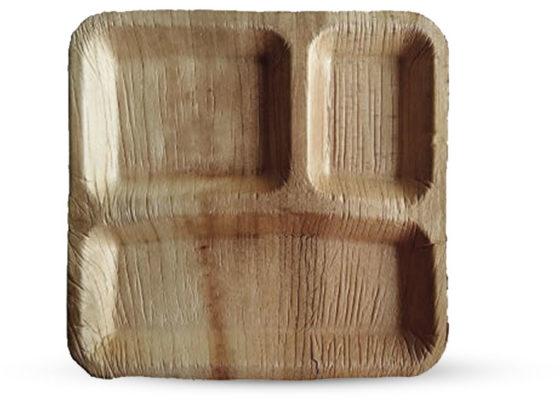 3 Compartment Square Areca Leaf Plate, for Serving Food, Size : 10 Inch