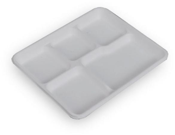 Rectengular 5 Compartment Bagasse Tray without Lid, for Food Serving, Pattern : Plain