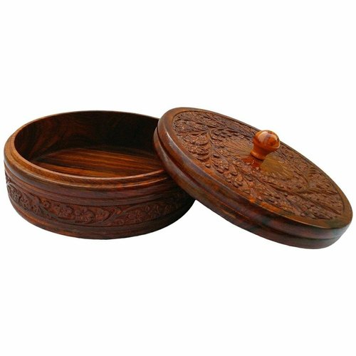 Khan Handicrafts Round Polished Wooden Chapati Box, Color : Brown