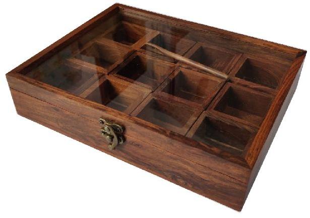 Polished Rectangular Wooden Spice Box, Size : 10.5x8x2 inch