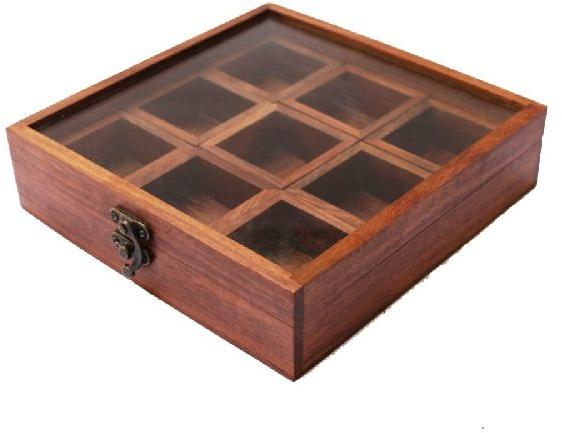 Polished Square Wooden Spice Box, Size : 10.5x8x2 Inch