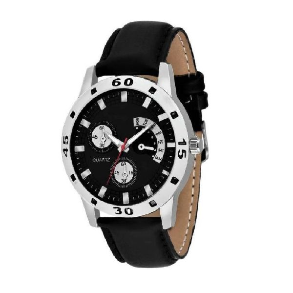 Black Round Dial Leather Strap Analog Watch For Men  -  M95